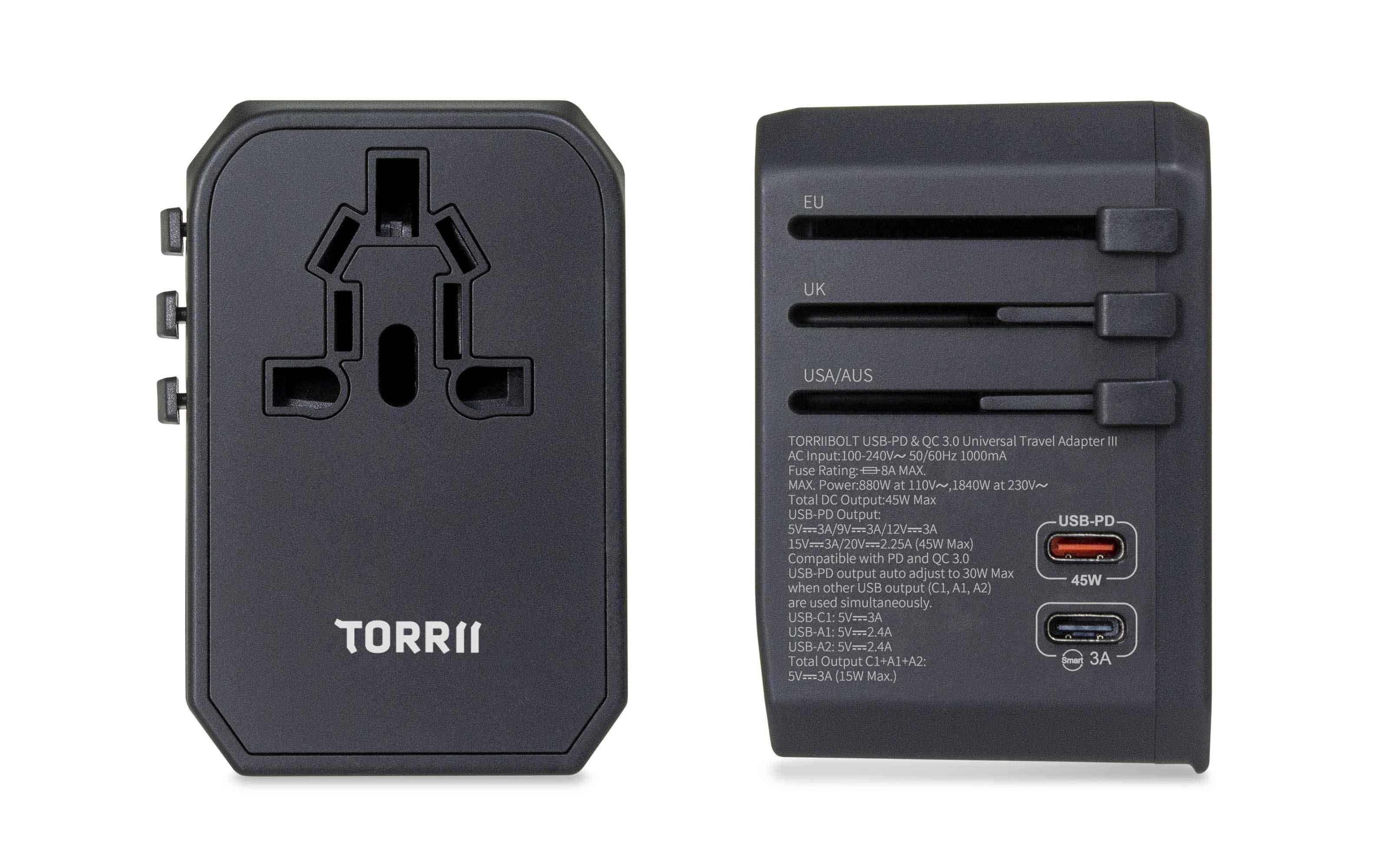 TorriiBolt 45W USB-PD & QC 3.0 Universal Travel Adapter III – Black TorriiBolt 45W USB-PD & QC 3.0 Universal Travel Adapter III – Black
